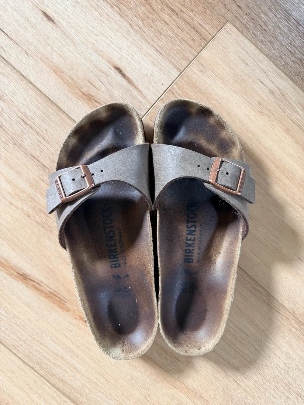 Birkenstock Taupe Single-Strap Slide Sandals with Copper Buckles